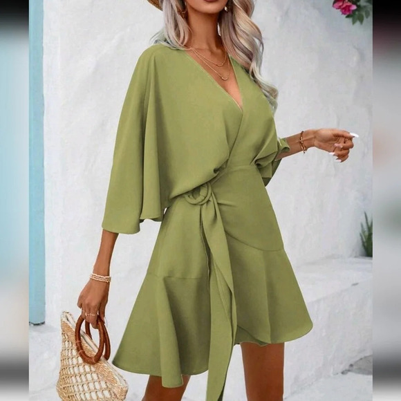 V-Neck Cross-Wrap Ruffle Hem Solid Color Dress - Picture 1 of 5